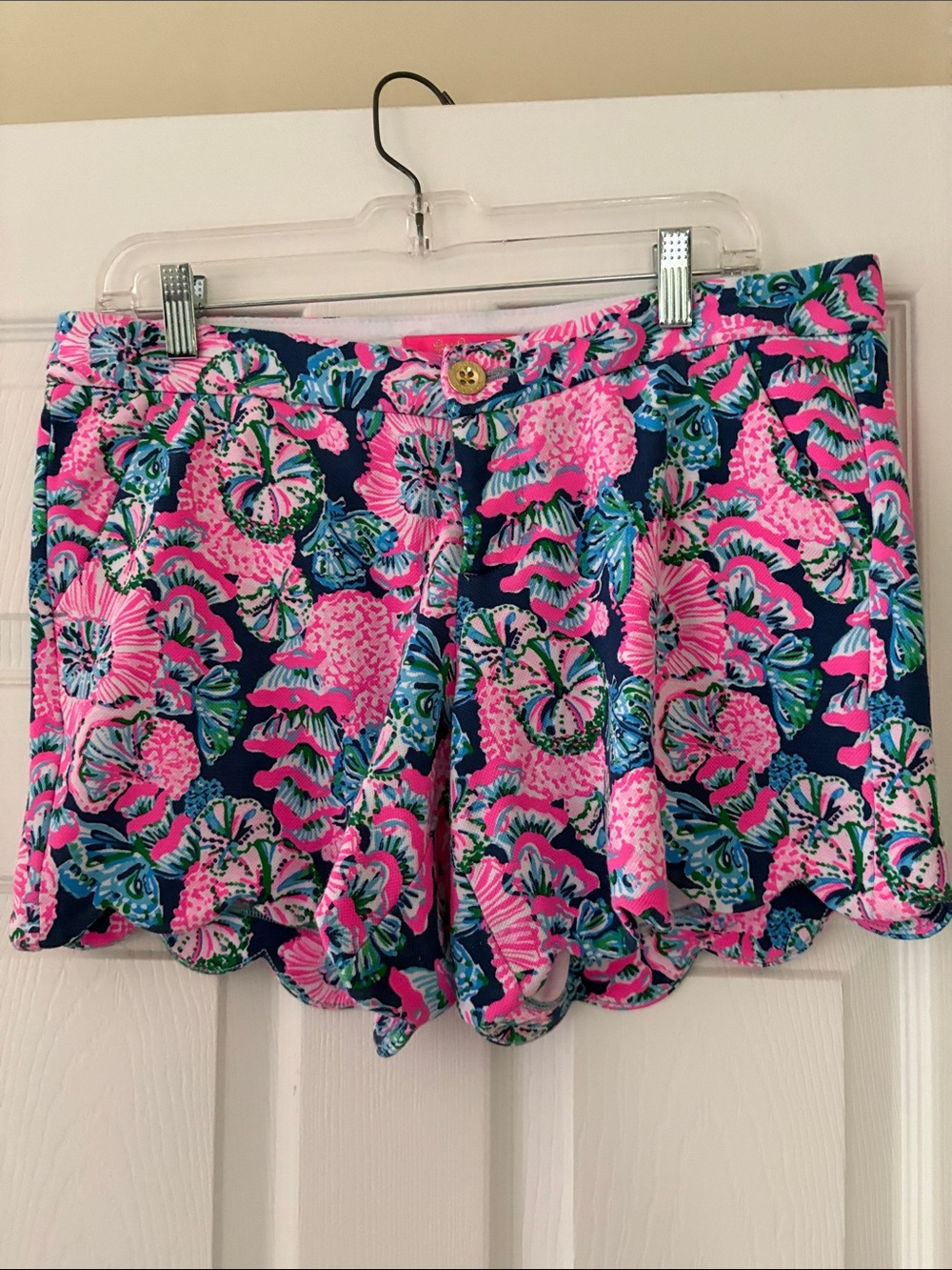 Lilly Pulitzer Navy, Pink & Aqua Floral Scalloped Hem High Waist Shorts